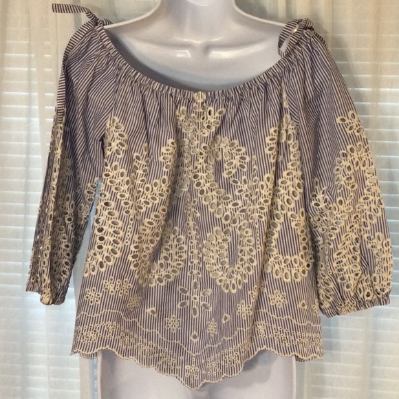 Express Off The Shoulder Eyelet Blouse Blue/White Striped Size M - Picture 5 of 10